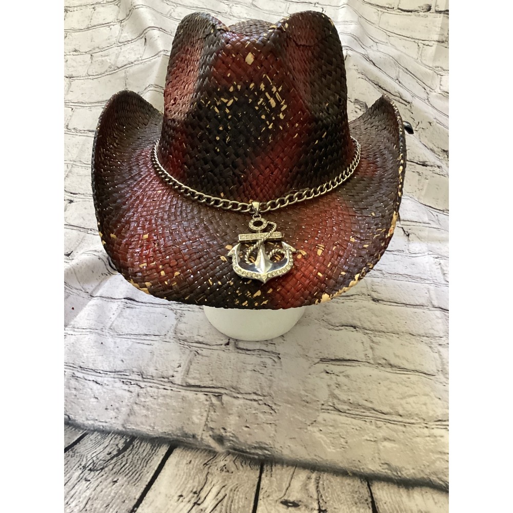 Peter Grimm Straw Cowboy Hat Red Brown Woven Anchor Chain Rhinestone Western Hat